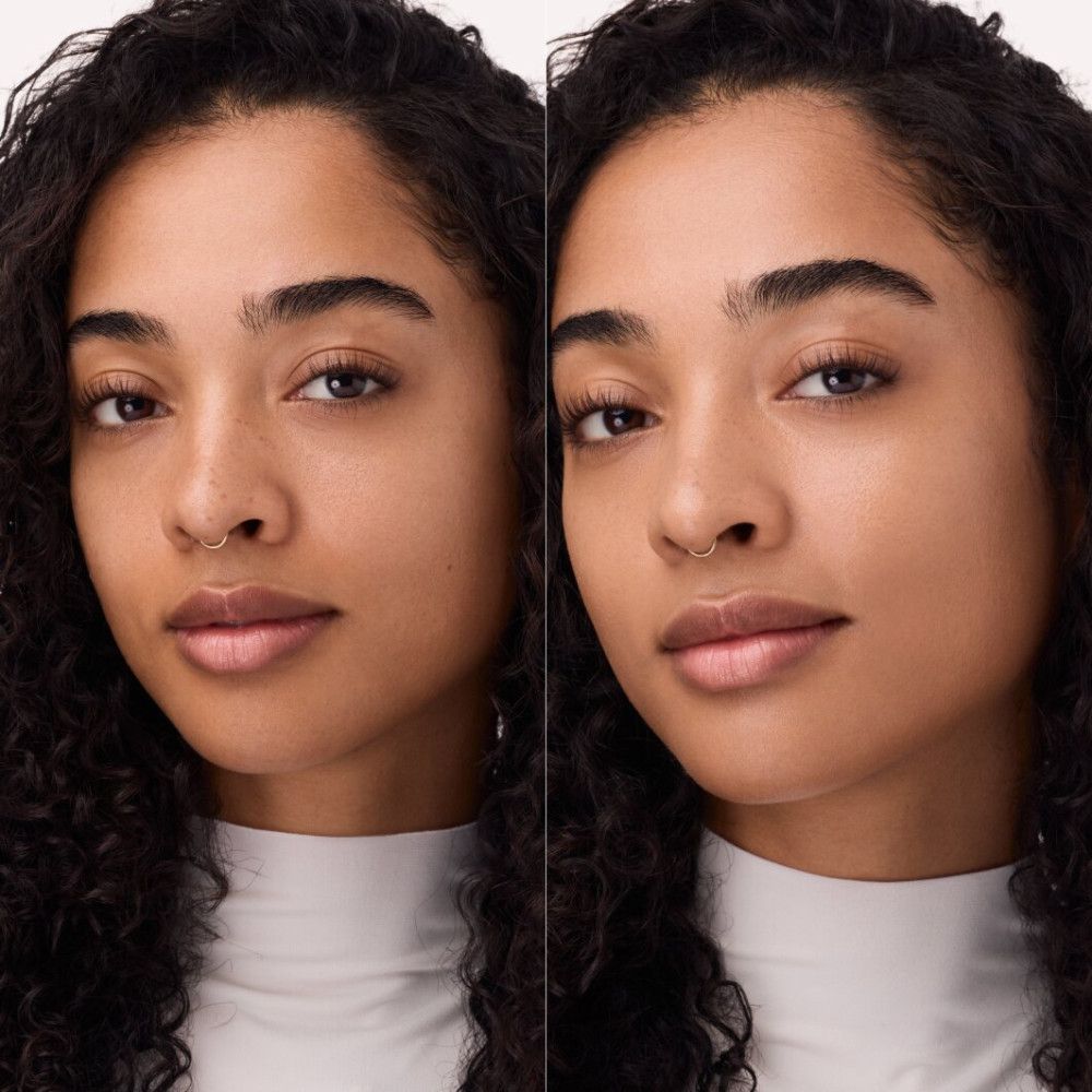 Visage d'une femme avec et sans Catrice Skin Like Tinted Moisturizer. Différence de teint notable.