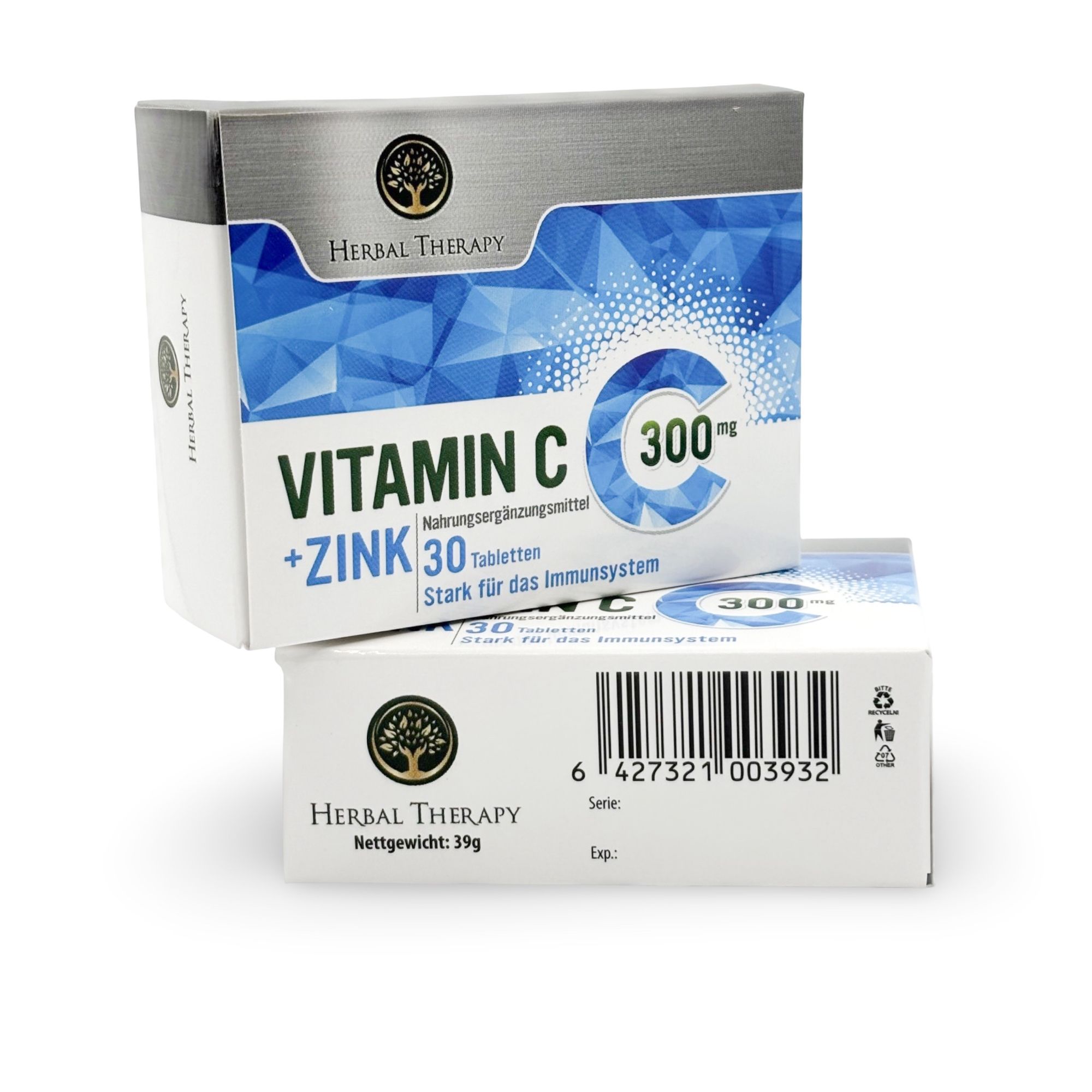 Twee dozen "Herbal Therapy VITAMINE C 300 mg avec zinc". Boven en beneden. Barcode en nettogewicht 35g zichtbaar.