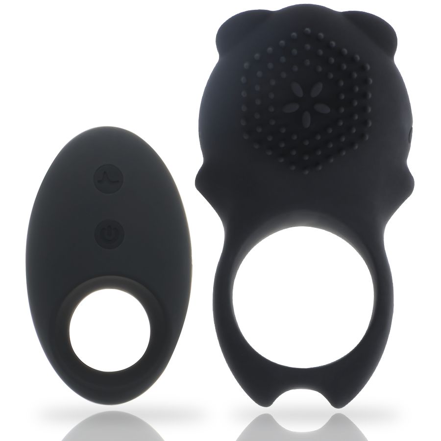 Vibrateur anneau noir avec télécommande. Le vibrateur a une surface texturée et deux boutons.