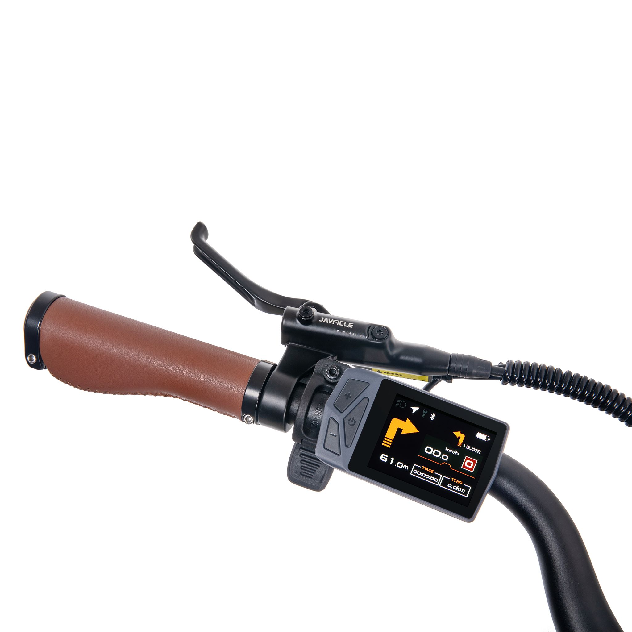 Stuur van een e-bike. Bruine handvatten, zwarte bediening en een display met informatie. Remhendel.