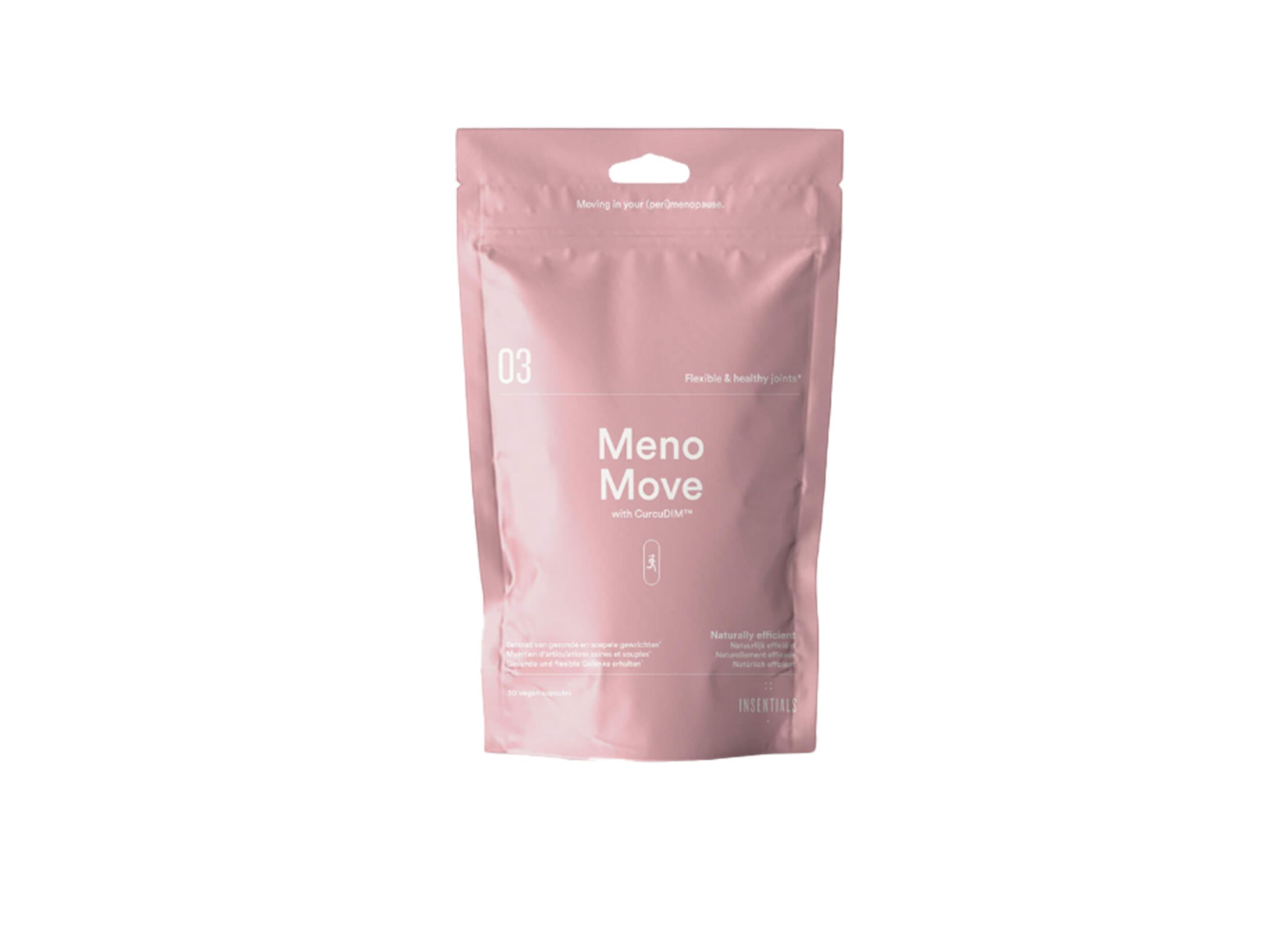 Sachet rose avec inscription "Meno Move". Contient une désignation de produit et une illustration. Avec dispositif de suspension.