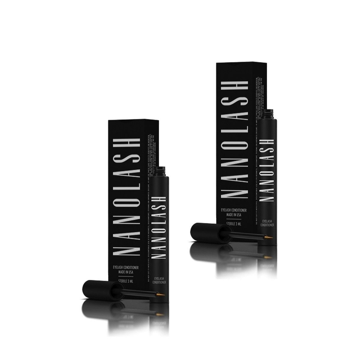 Deux boîtes noires avec le texte Nanolash. À côté, deux flacons noirs avec applicateur.