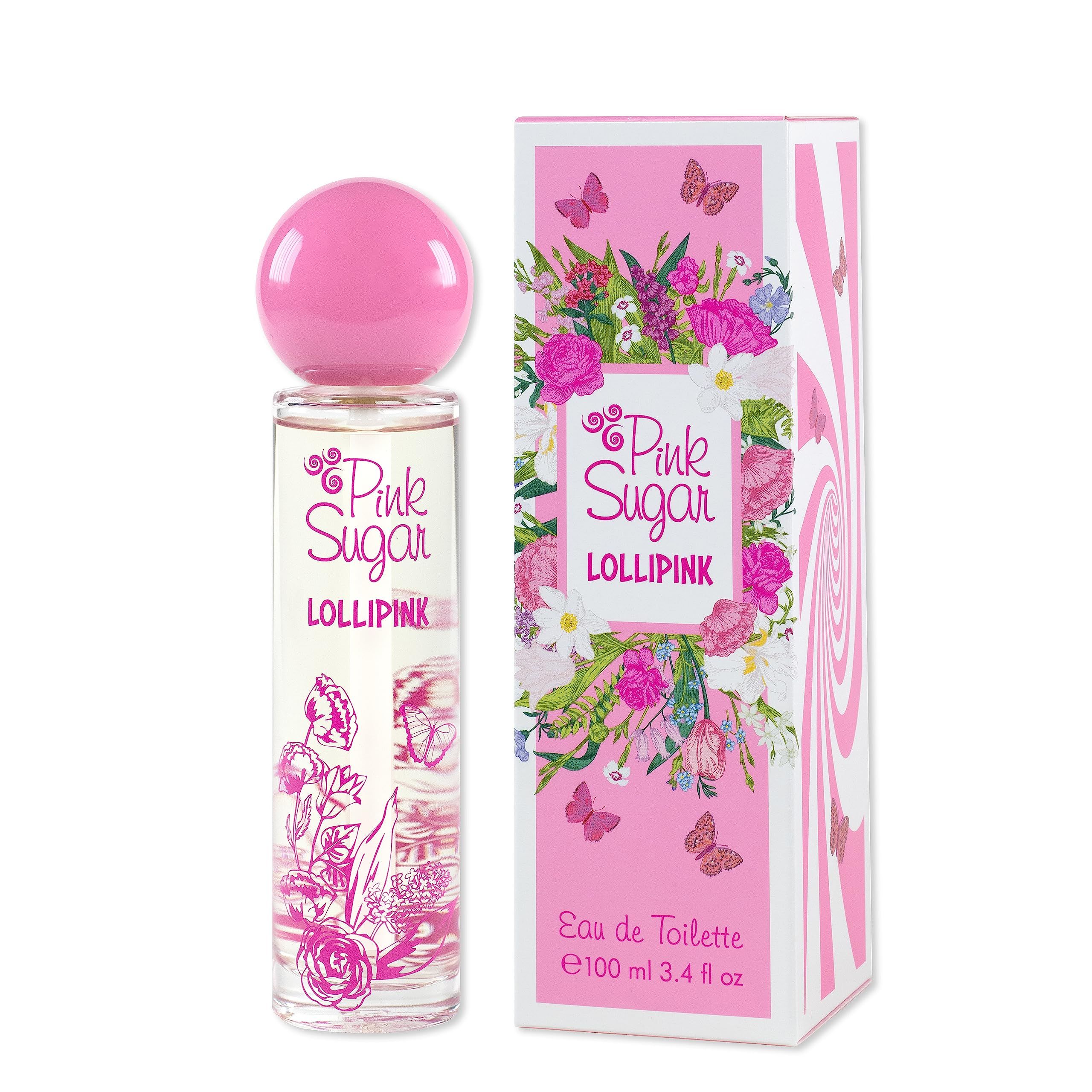 Parfumfles met roze dop en verpakking. Opschrift "Pink Sugar Lollipink". Bloemenmotief. "Eau de Toilette".