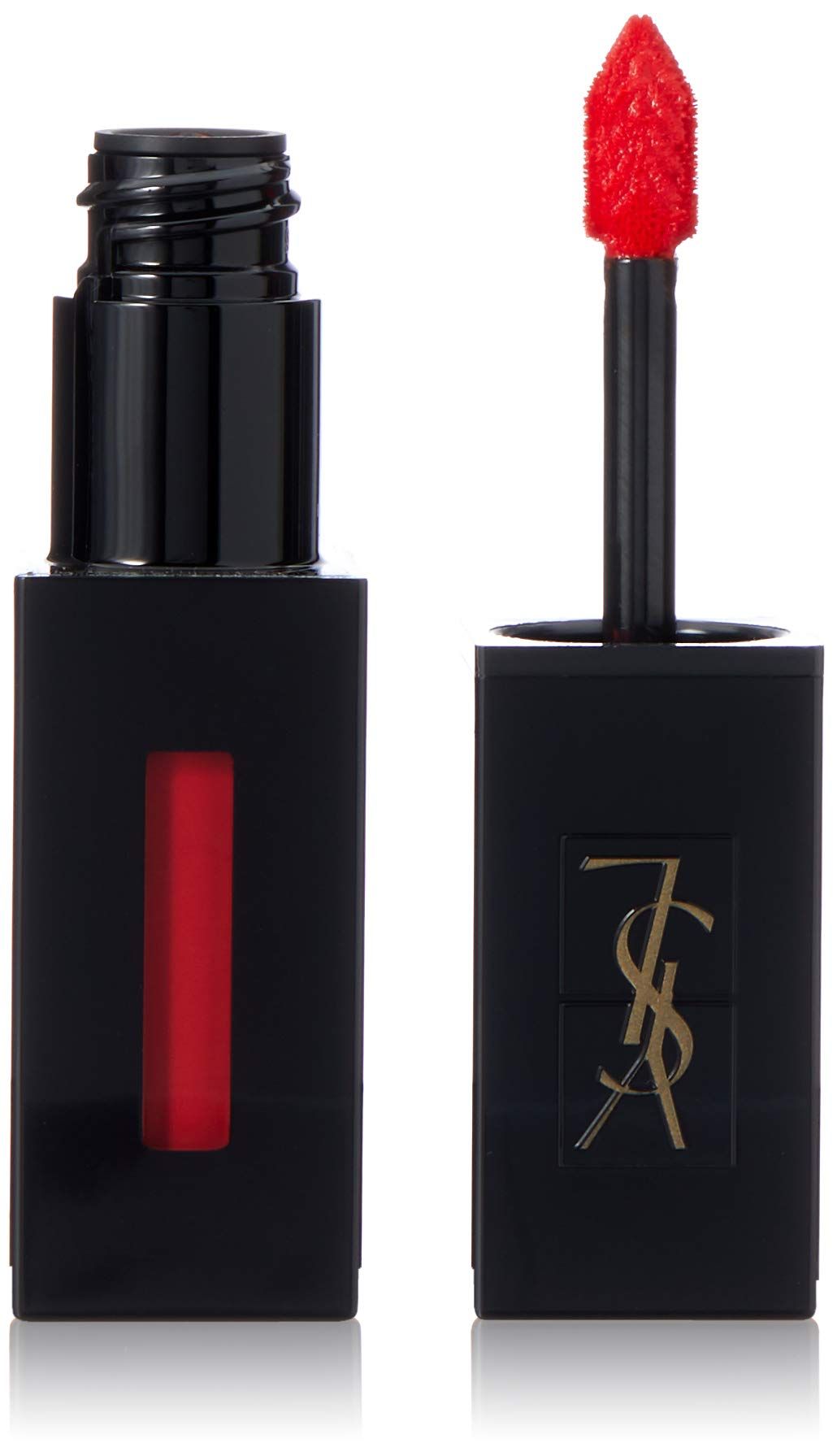 Emballage de rouge à lèvres noir avec rouge à lèvres rouge. Logo doré. Applicateur à pointe rouge.
