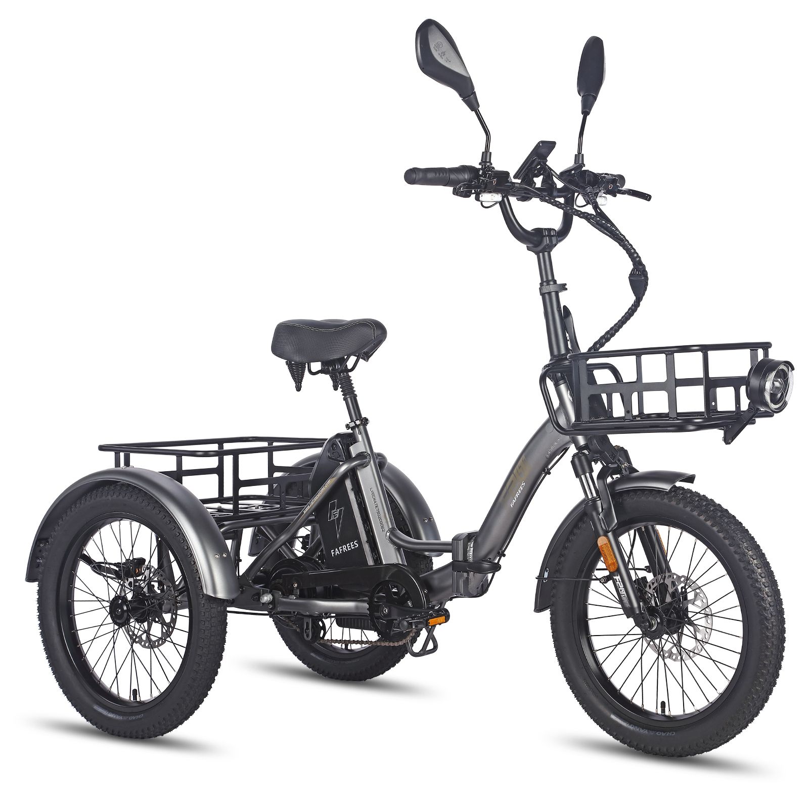 Tricycle gris avec panier, phares et rétroviseurs. Pneus et garde-boue noirs. Logo Fafrees.