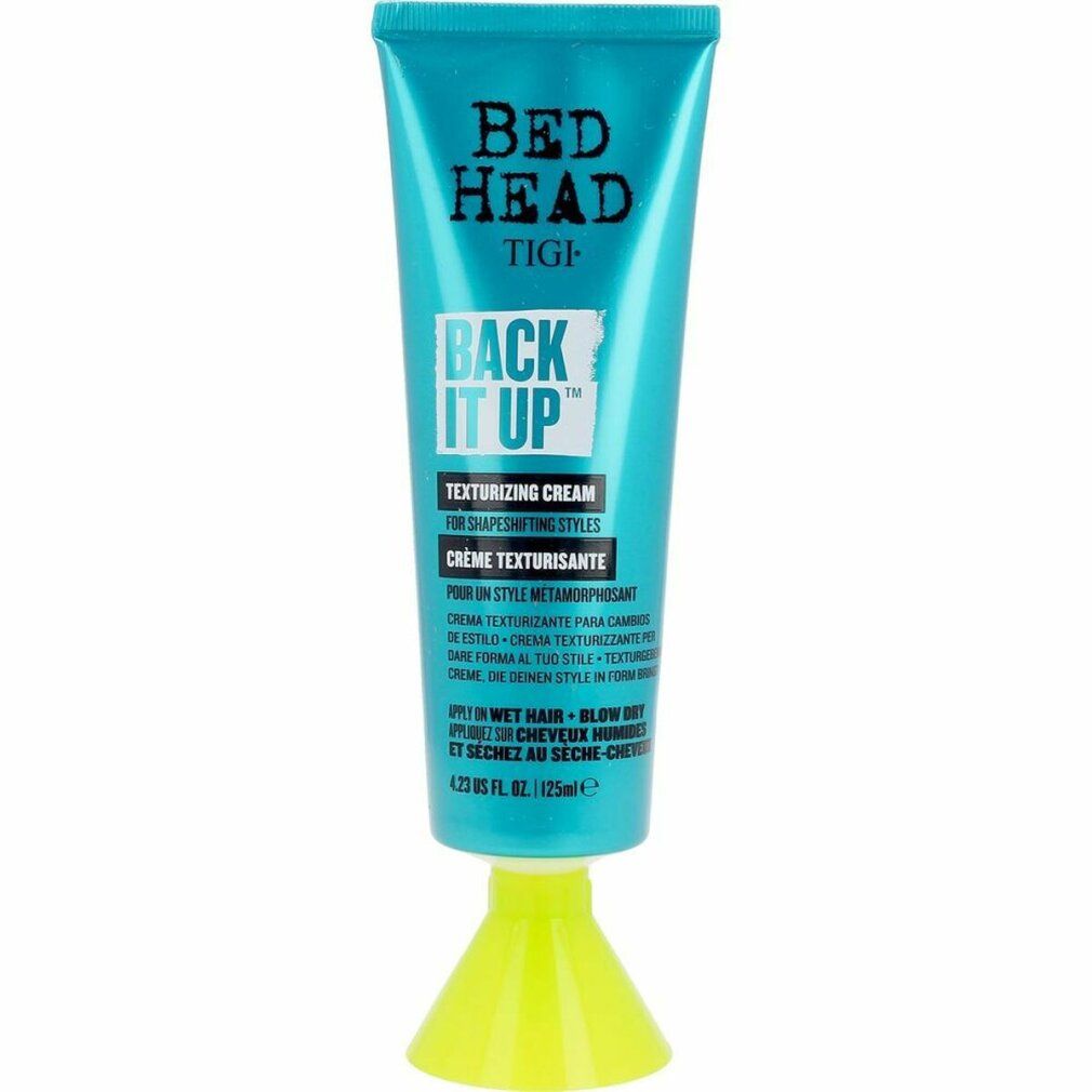 Tube turquoise avec pied jaune. Inscription: Bed Head TIGI Back It Up Texturizing Cream. 125ml.