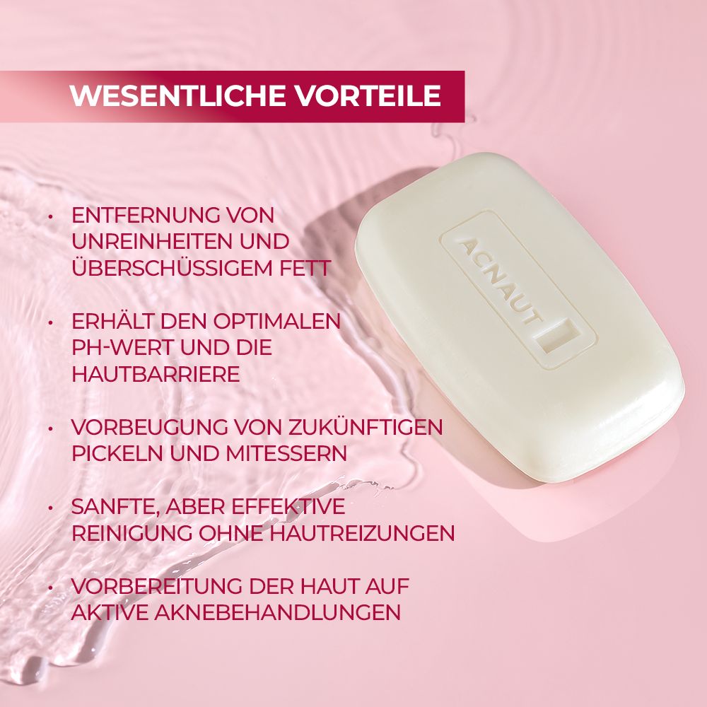 Savon rectangulaire sur fond rose. Texte : Acnaut. Caractéristiques : élimination des impuretés, maintien du pH, prévention des boutons, nettoyage doux.