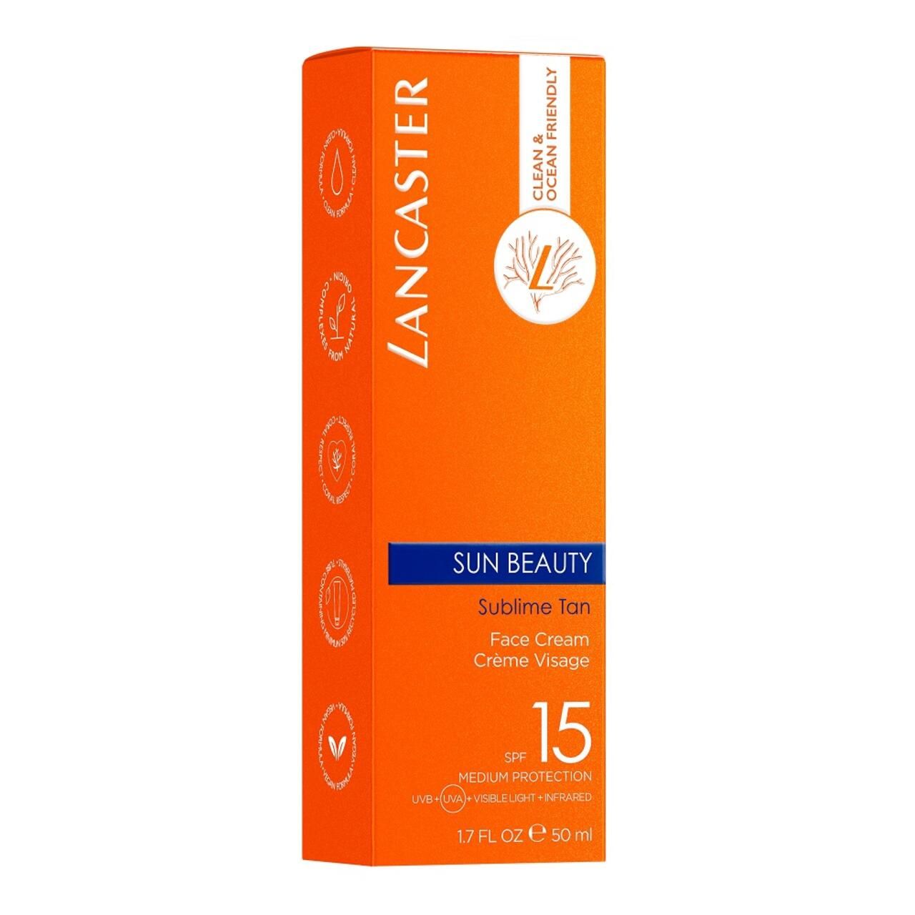Emballage orange avec texte blanc. Lancaster Sun Beauty, SPF 15. Crème visage. Ocean Friendly.