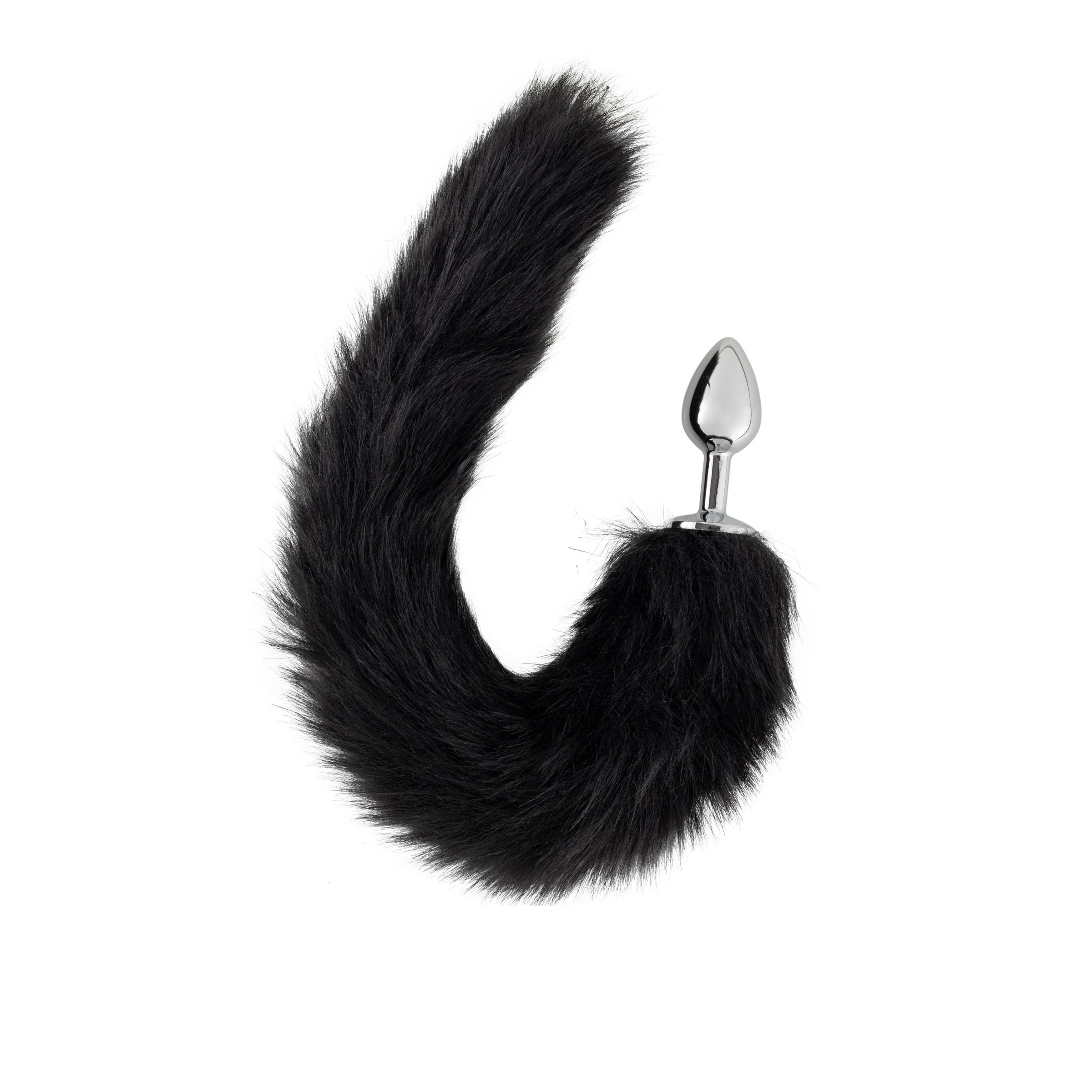 Zwarte anale plug met harige staart. De plug heeft een glanzend, metalen oppervlak.