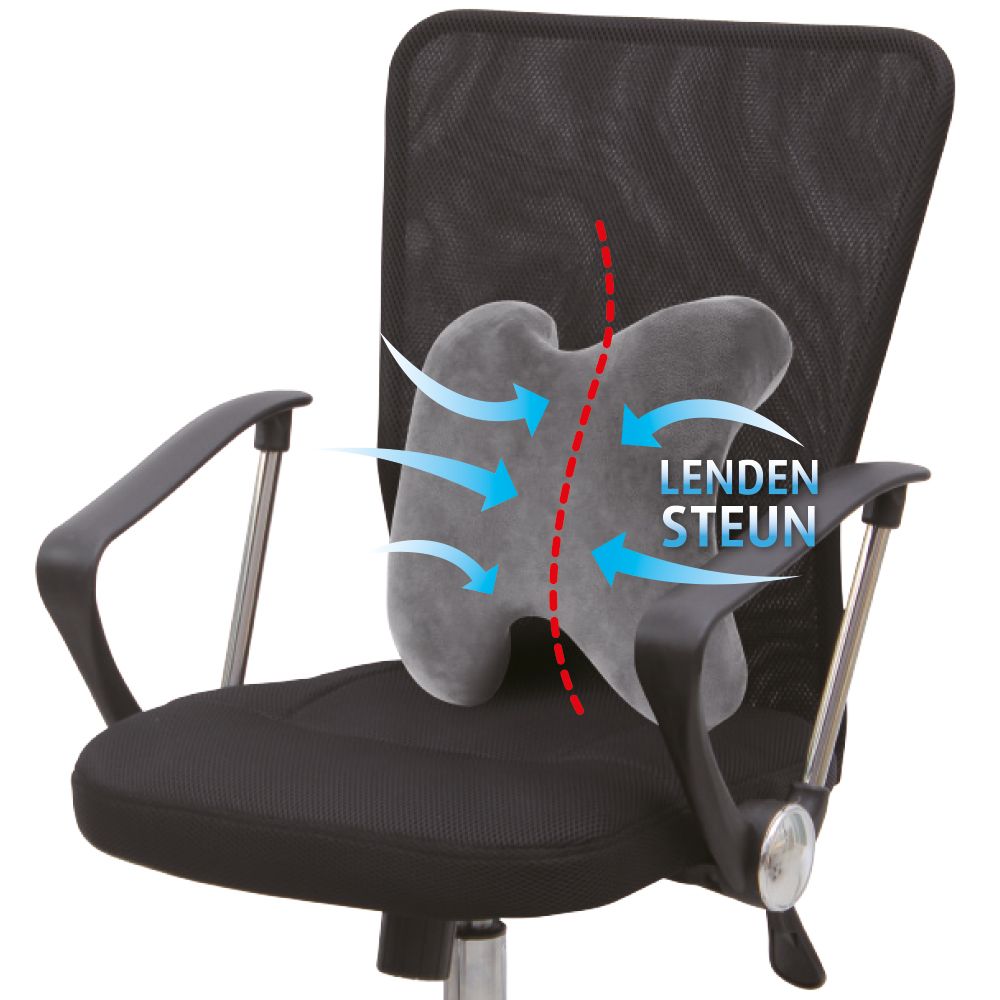 Grijs ergonomisch rugkussen op bureaustoel. Rode lijn en pijlen. Tekst: 'Lenden Steun'.