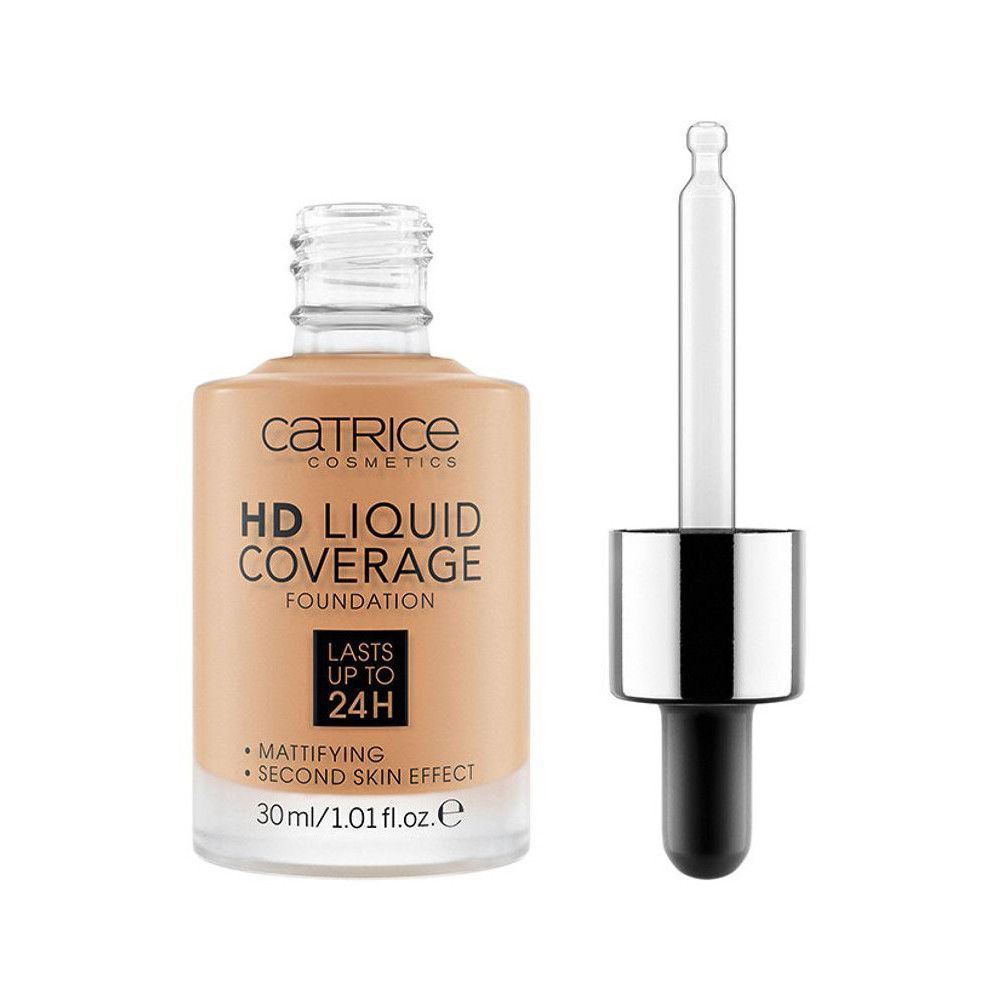 Fond de teint liquide avec pipette. Inscription: Catrice, HD Liquid Coverage Foundation, matifiant, 30ml.