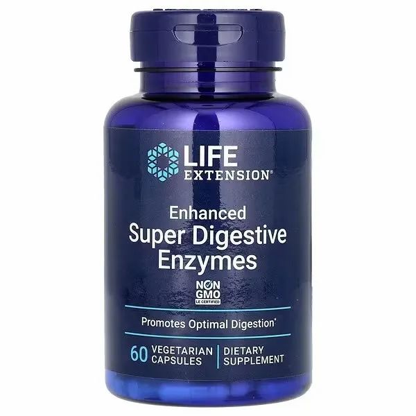 Flacon bleu de compléments alimentaires. Inscription: Life Extension, Enhanced Super Digestive Enzymes, 60 gélules végétariennes.