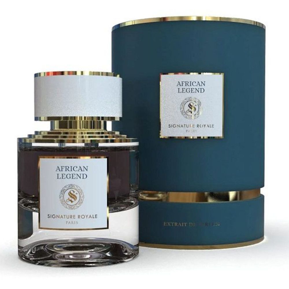 Parfumextract African Legend in fles en verpakking. Fles met witte dop, gouden elementen en etiket.