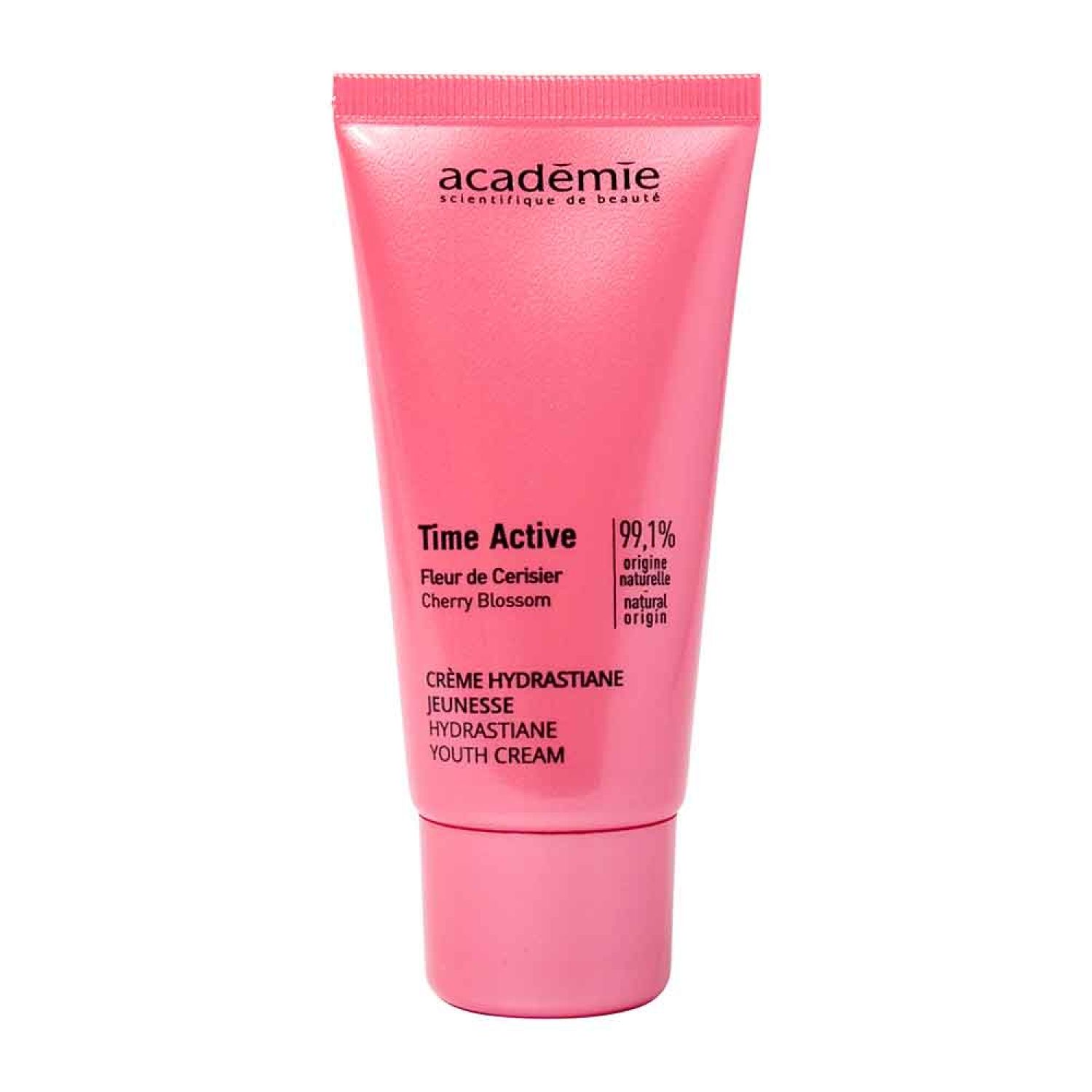 Roze tube met tekst. Bevat Crème Hydrastiane Jeunesse. 99,1% natuurlijke oorsprong. Académie merk.