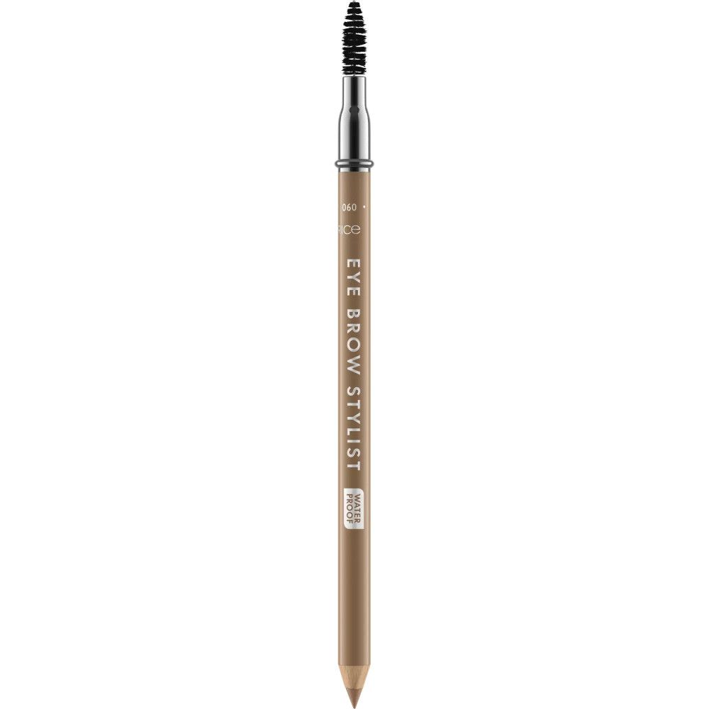 Crayon à sourcils avec brosse. Mine brun clair, corps argenté, capuchon transparent. Inscription: EYE BROW STYLIST. Résistant à l'eau.