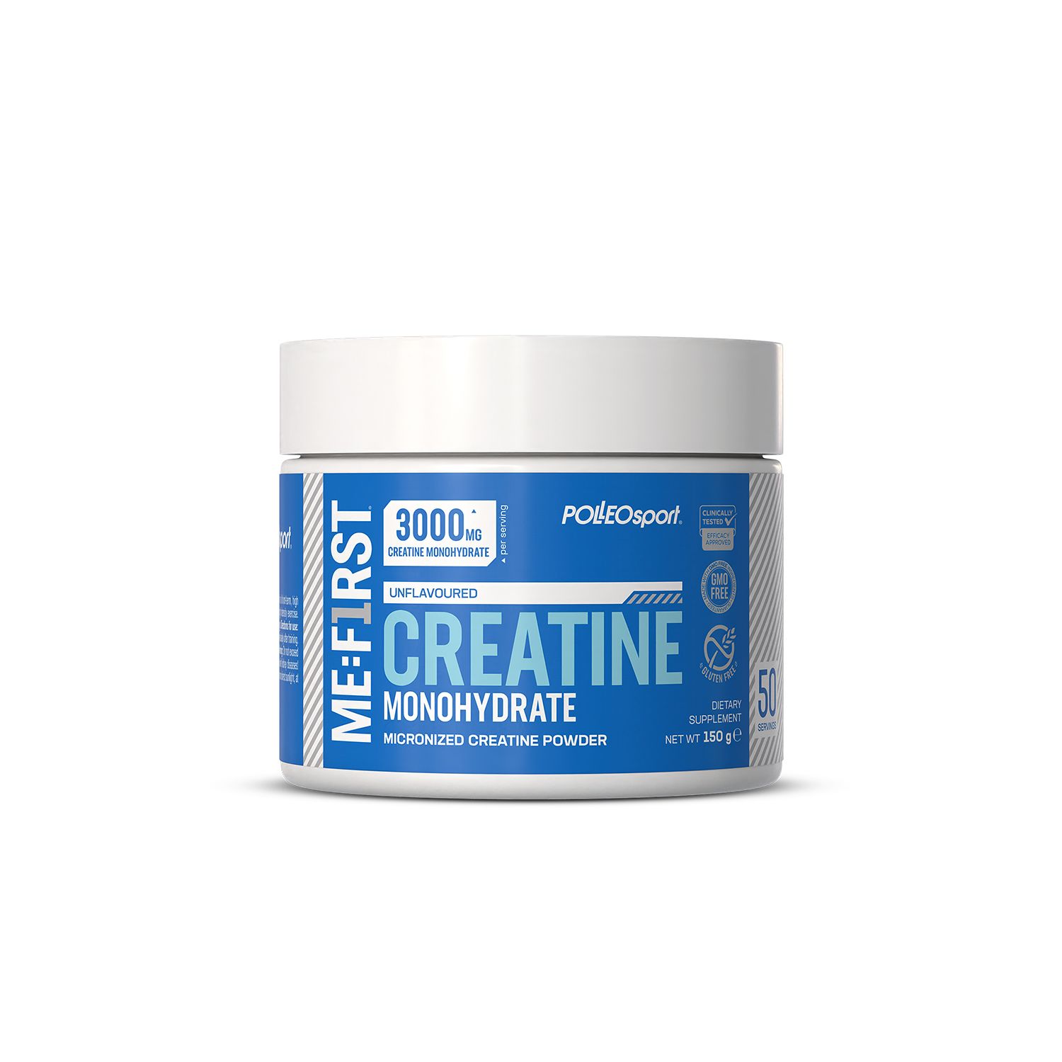Witte, cilindrische supplementenpot met blauw etiket. Opschrift: ME:FIRST Creatine Monohydrate, 3000 mg, unflavored. Merk: PolleoSport.