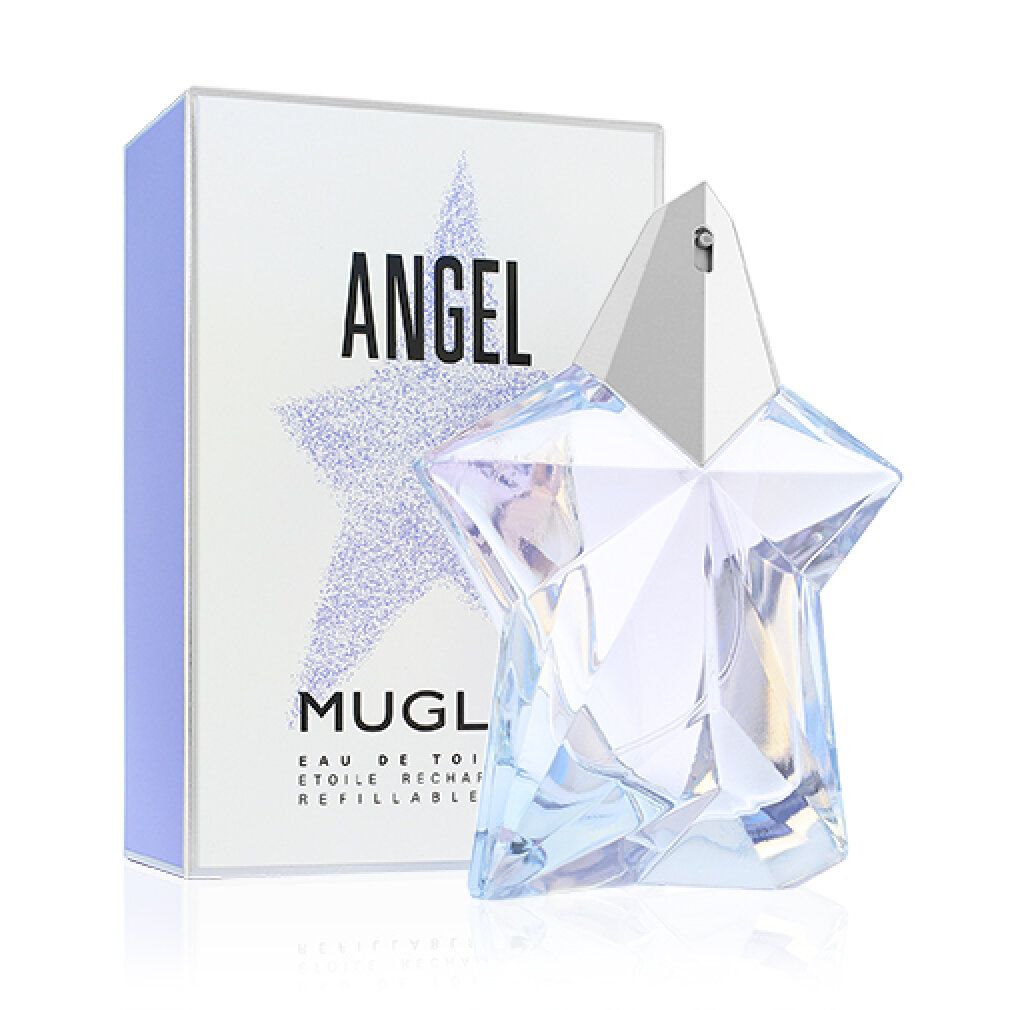 Een stervormige fles en een doos. Op de doos staat "Angel" en "Mugler". De fles is transparant met een zilveren dop.