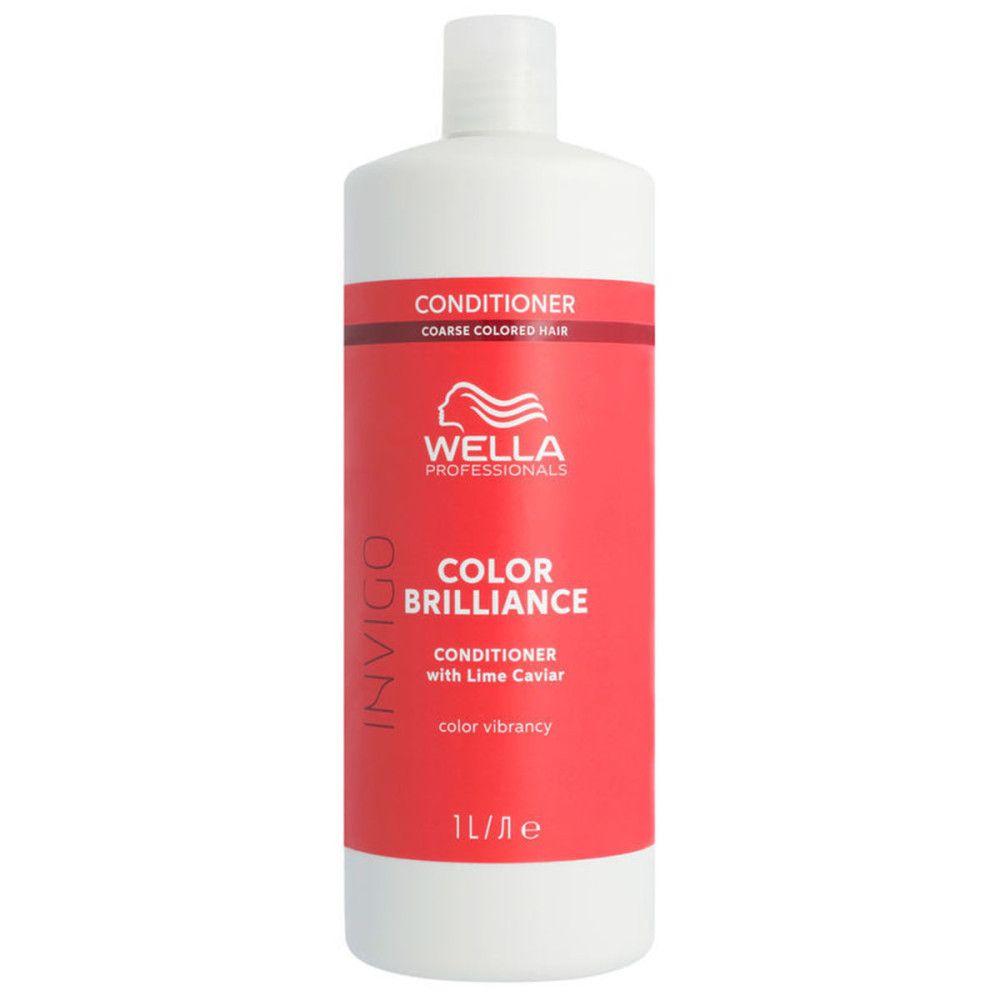 Witte fles met rood etiket. Opschrift: Wella Professionals Invigo Color Brilliance Conditioner. 1L.