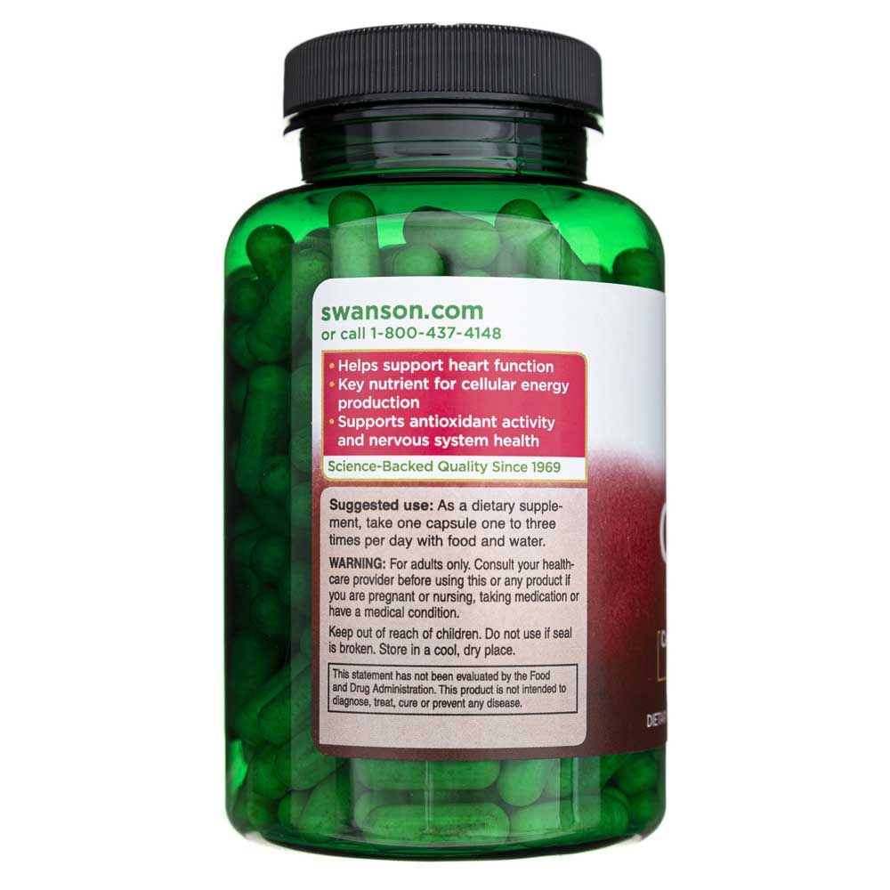 Achterkant van een groene fles met Swanson CoQ10, met gebruiksinstructies en waarschuwingen.