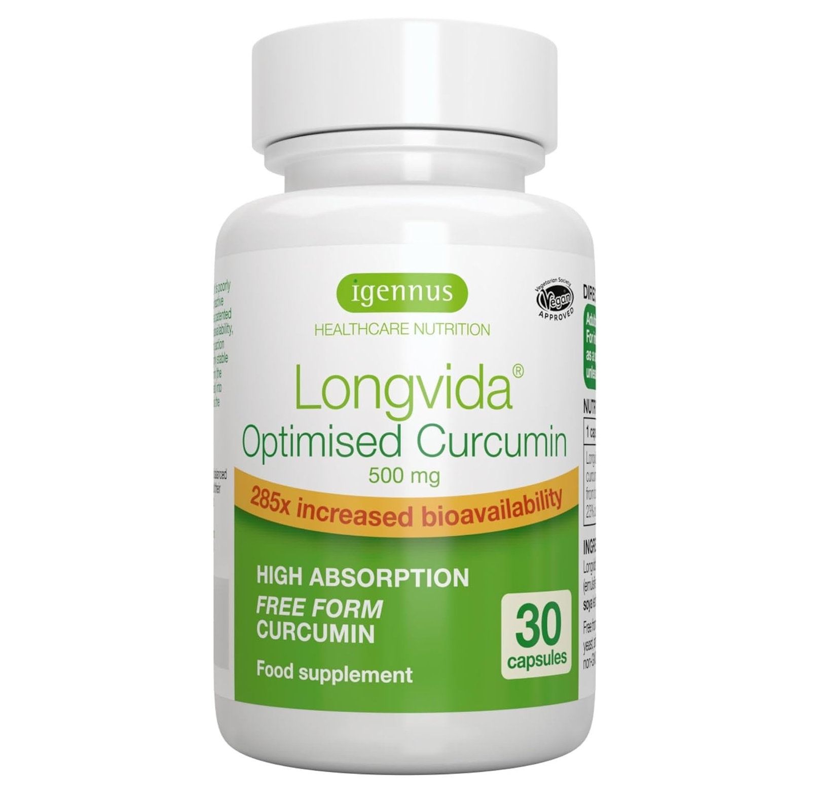 Fles met 30 capsules Igennus Longvida Optimised Curcumin 500 mg.