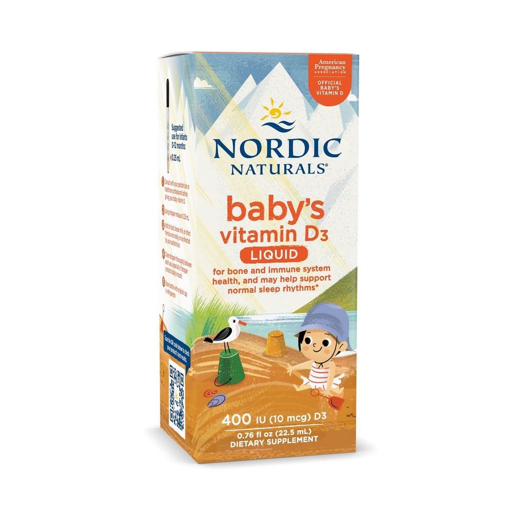 Verpakking van NORDIC NATURALS Baby Vitamine D3 Liquid, 400 IE. Bevat een druppelpipet.