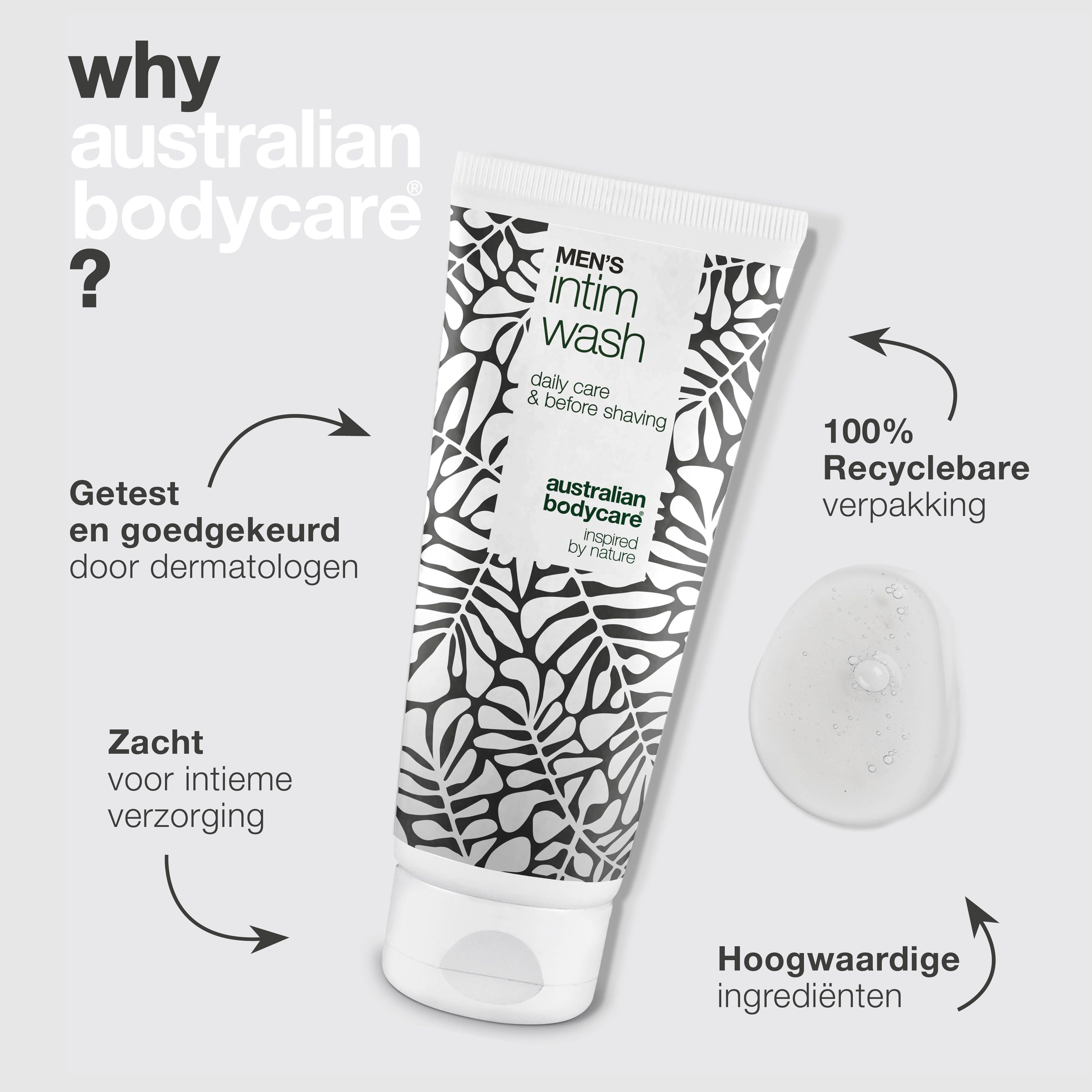 Productafbeelding met tekst en pijlen. Tube intieme wasgel. Tekst: Men's Intim Wash, Australian Bodycare. Pijlen: dermatologisch getest, etc.