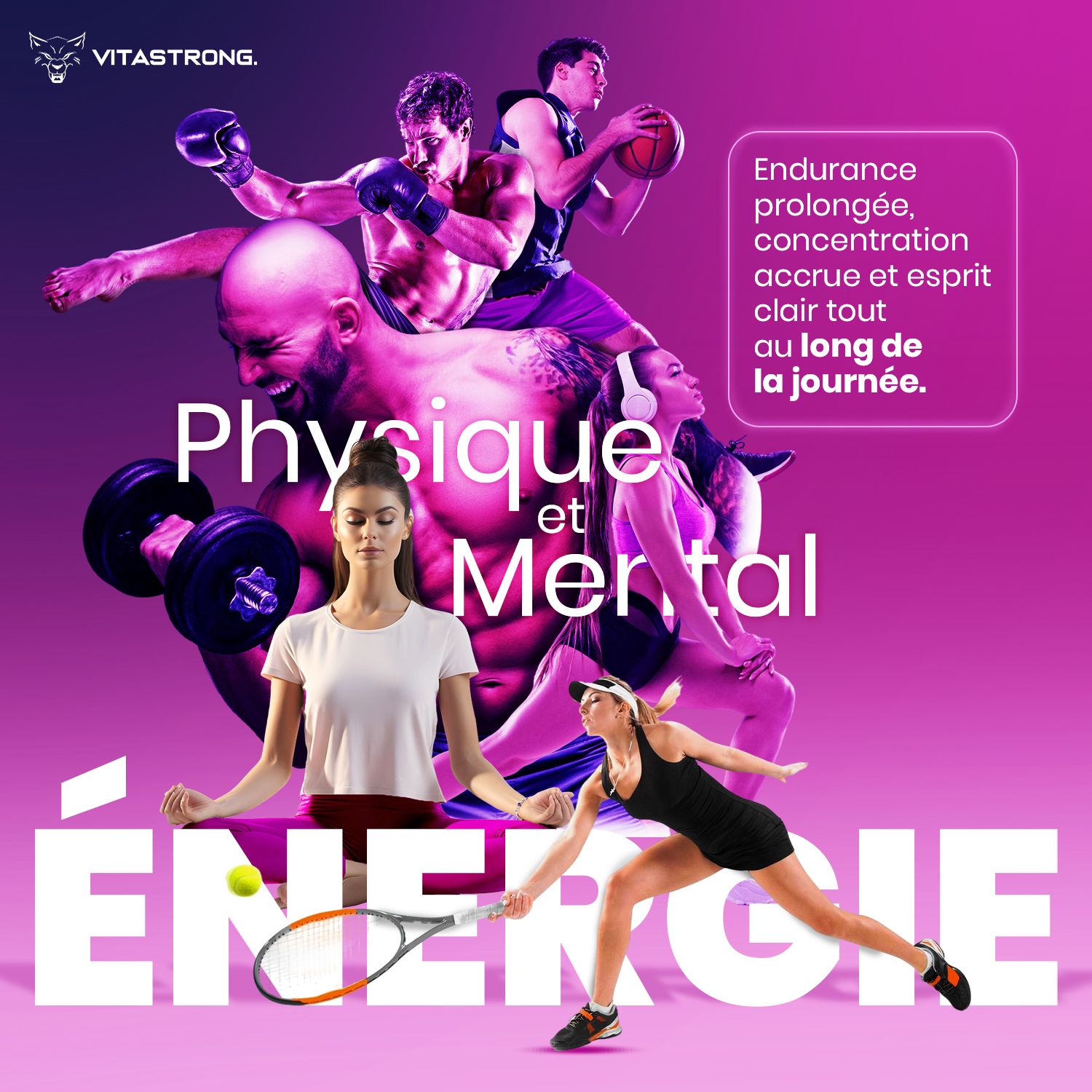 Vitastrong Energy Berries. Atleten, yoga, tennis. Energie voor lichaam en geest. Tekst.