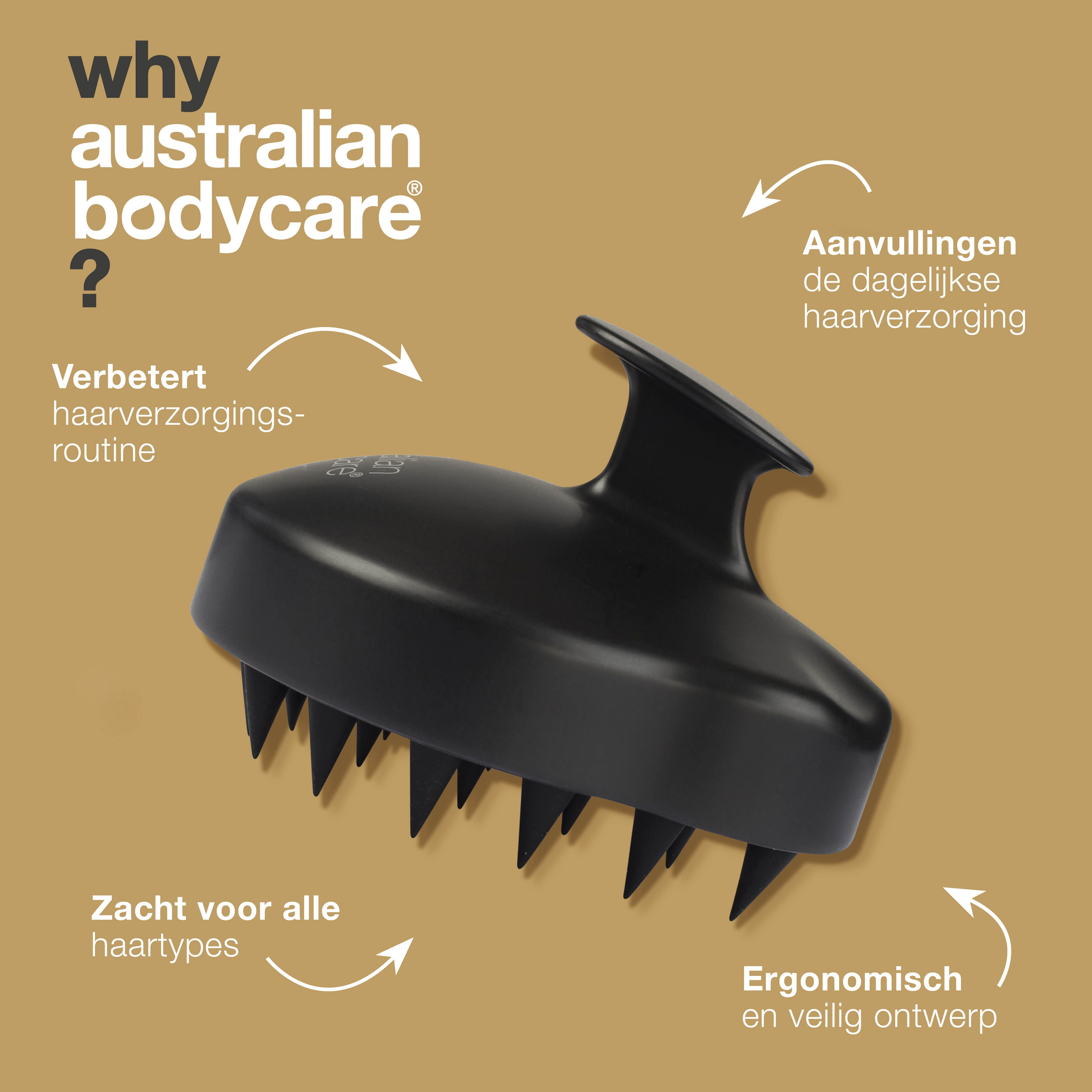 Grafiek: hoofdhuidmassageborstel en tekst. Tekst: Verbetert haarverzorgingsroutine, ergonomisch en veilig ontwerp, zacht voor alle haartypes.