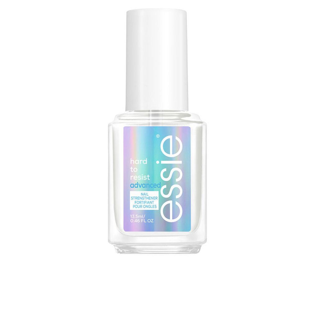 Flacon transparent avec bouchon blanc. Étiquette "hard to resist advanced" et logo "essie". Fortifiant pour ongles.