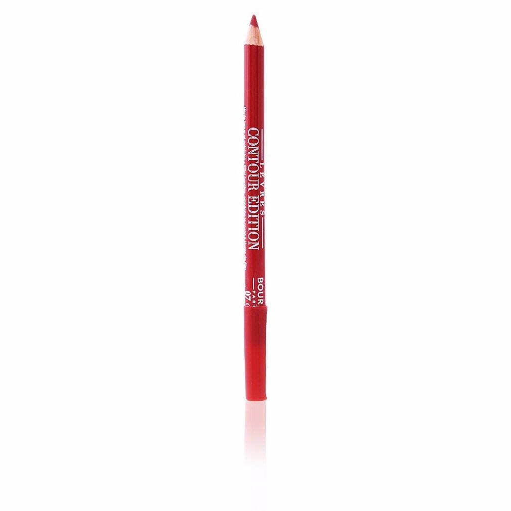 Crayon à lèvres rouge avec pointe et capuchon. Inscription: Contour Edition. Marque Bourjois.