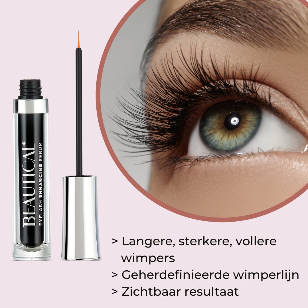 Beautical wimperserum en oog. Zwarte fles, zilveren dop, applicator. Langere, dichtere wimpers.