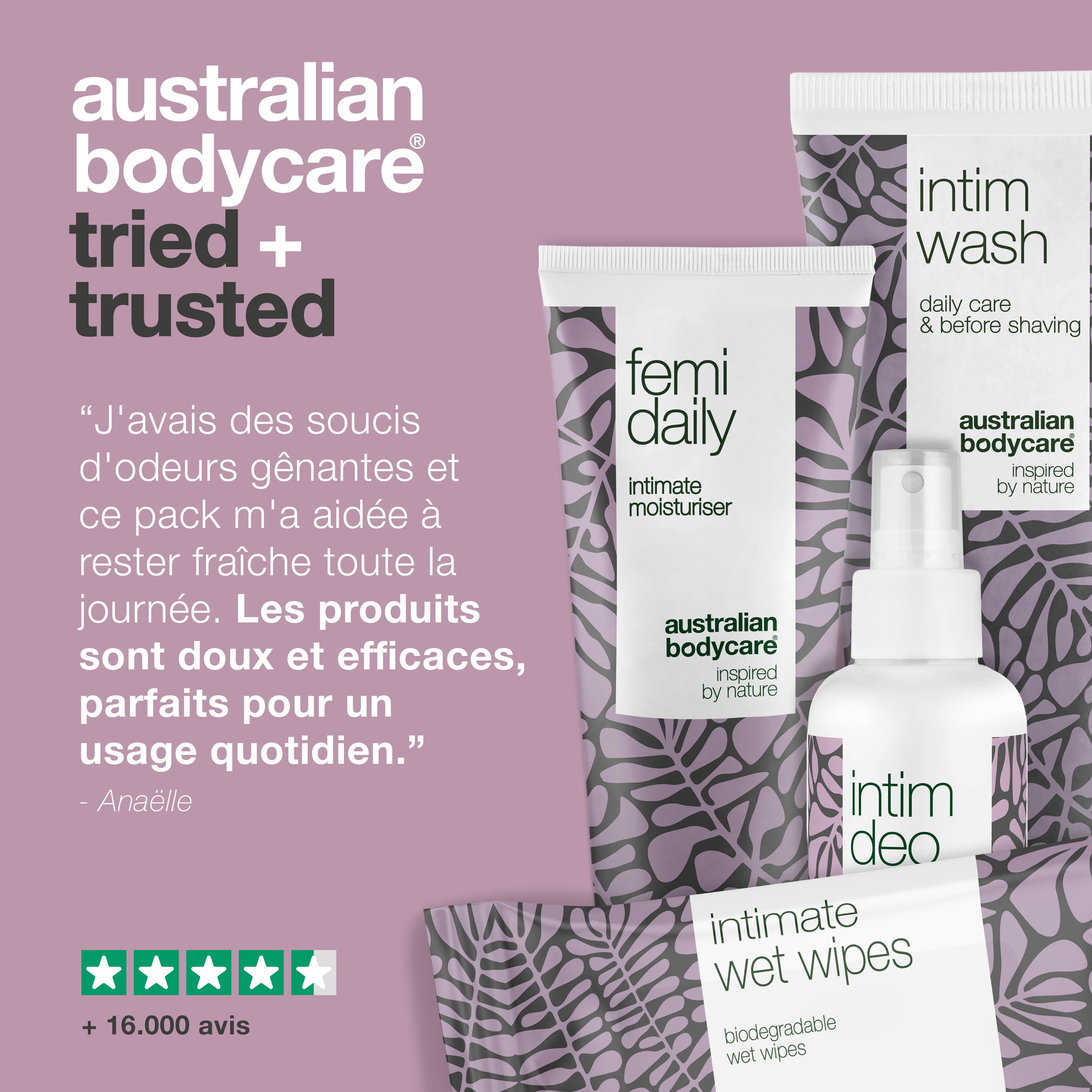 Spray déodorant pour la zone intime. Flacon blanc avec motif de feuilles. Texte : Pour une sensation de fraîcheur. 100% recyclable.