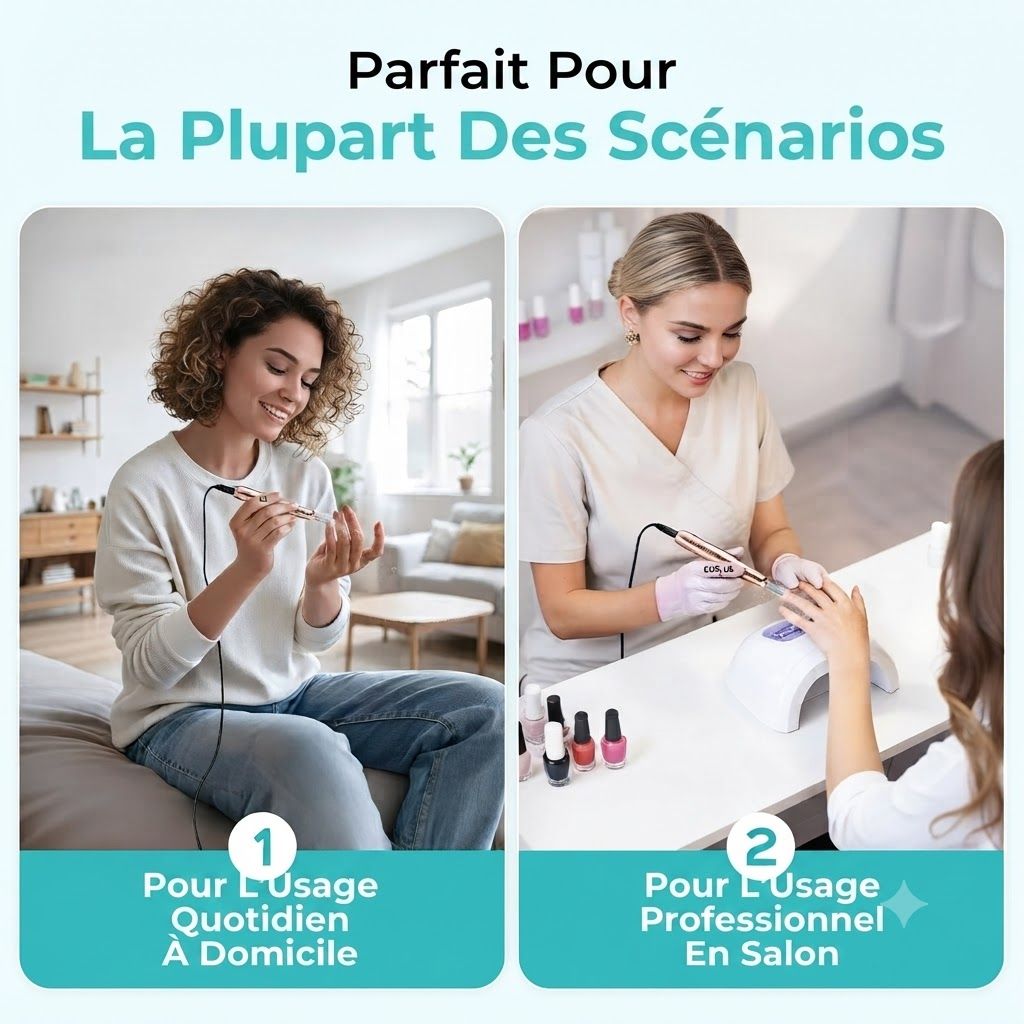 Femme aux cheveux bouclés utilisant un appareil de manucure à domicile.