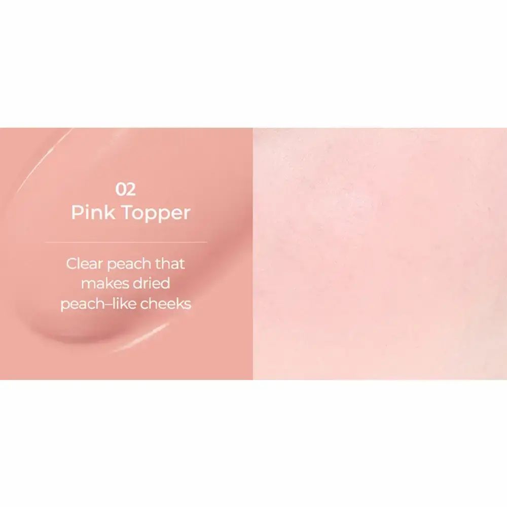 Roze achtergrond met tekst: "02 Pink Topper". Daaronder tekst: "Clear peach that makes dried peach-like cheeks".