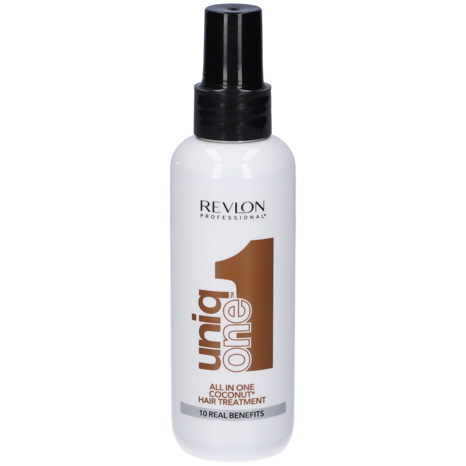 Flacon de spray capillaire blanc, bouchon noir. Texte: Revlon, Uniq One, All in One Coconut Hair Treatment.