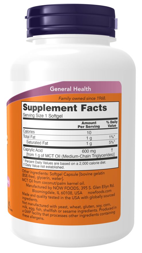 Achterkant van de fles. Etiket met voedingswaarde en ingrediënten. "Caprylic Acid 600 mg" vermeld.