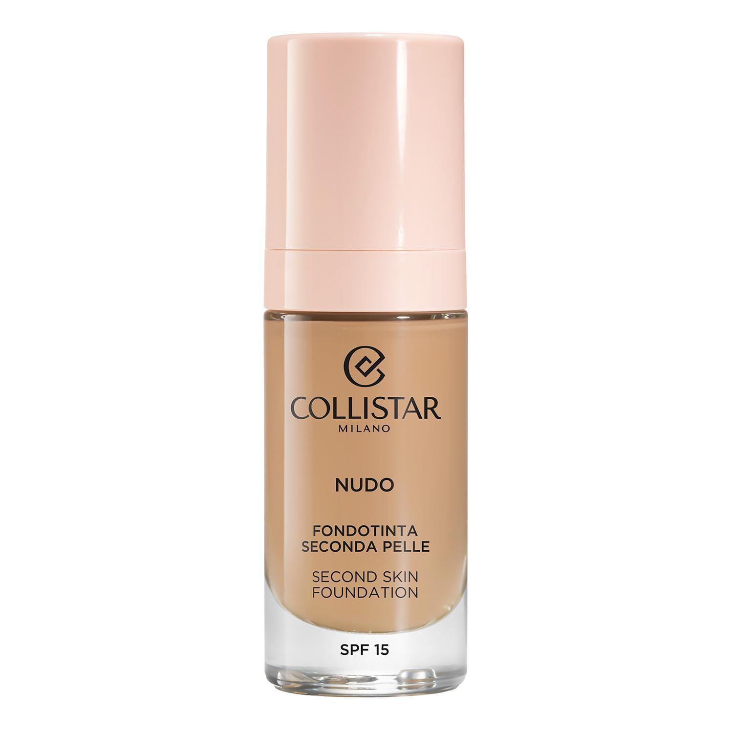 Flesje foundation. Roze dop en pomp, transparante basis. Opschrift: Collistar, Nudo, Fondotinta Seconda Pelle, SPF 15.