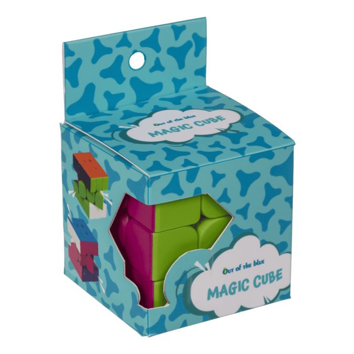 OOTB Magic Cube in verpakking. Turquoise doos met kubusafbeelding. Venster toont groene en roze kubus.
