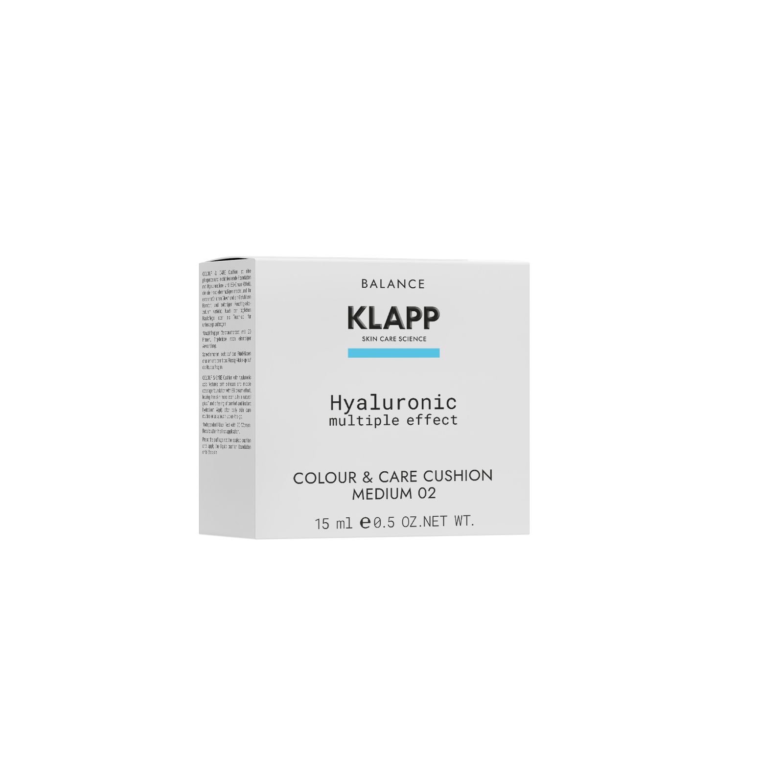 Verpakking Klapp Hyaluronic Multiple Effect Colour & Care Cushion Medium 02, 15 ml.