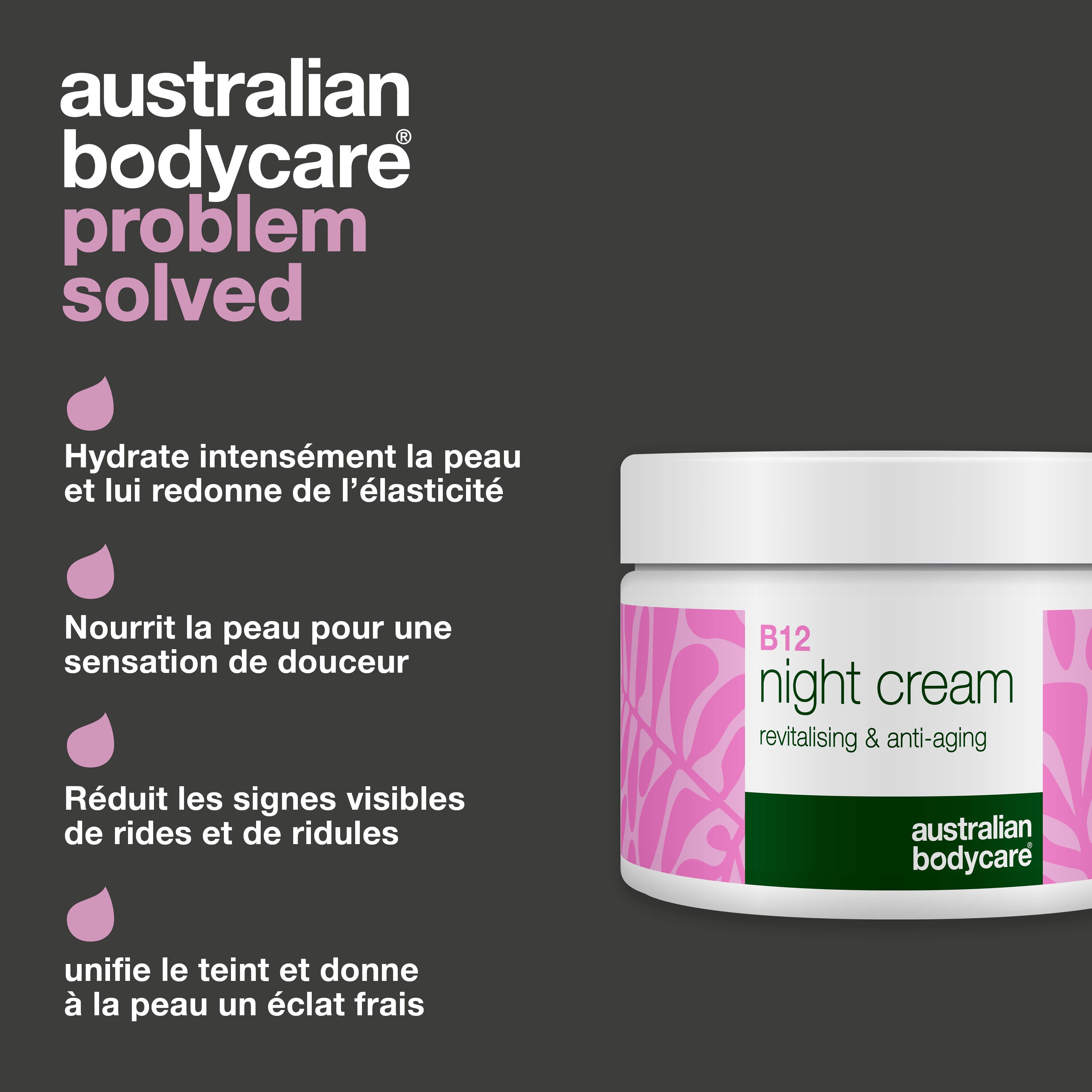 Pot de crème de nuit B12. Texte : B12 night cream, revitalising & anti-aging. Texte : Hydrate intensément la peau et lui redonne de l'élasticité.