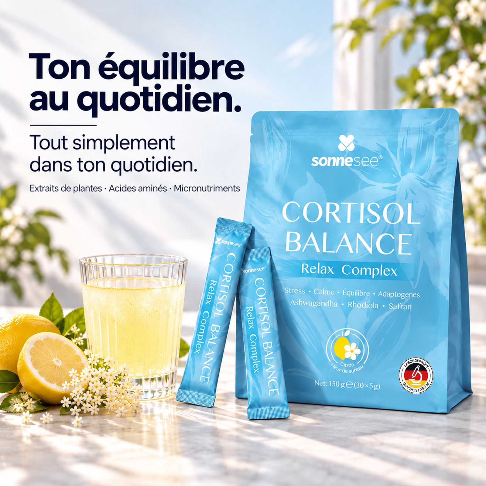 SonneSee Cortisol Balance poeder: extracten, aminozuren, micronutriënten.