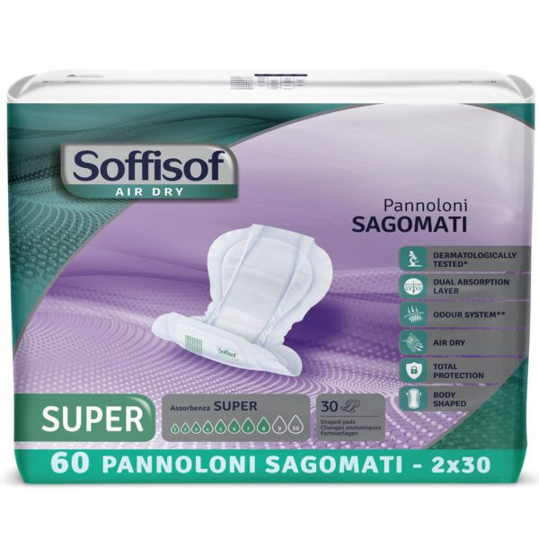 Verpakking van Soffisof Super Protections Anatomique Incontinence. 60 stuks, 2x30. Anatomisch gevormd, dermatologisch getest.