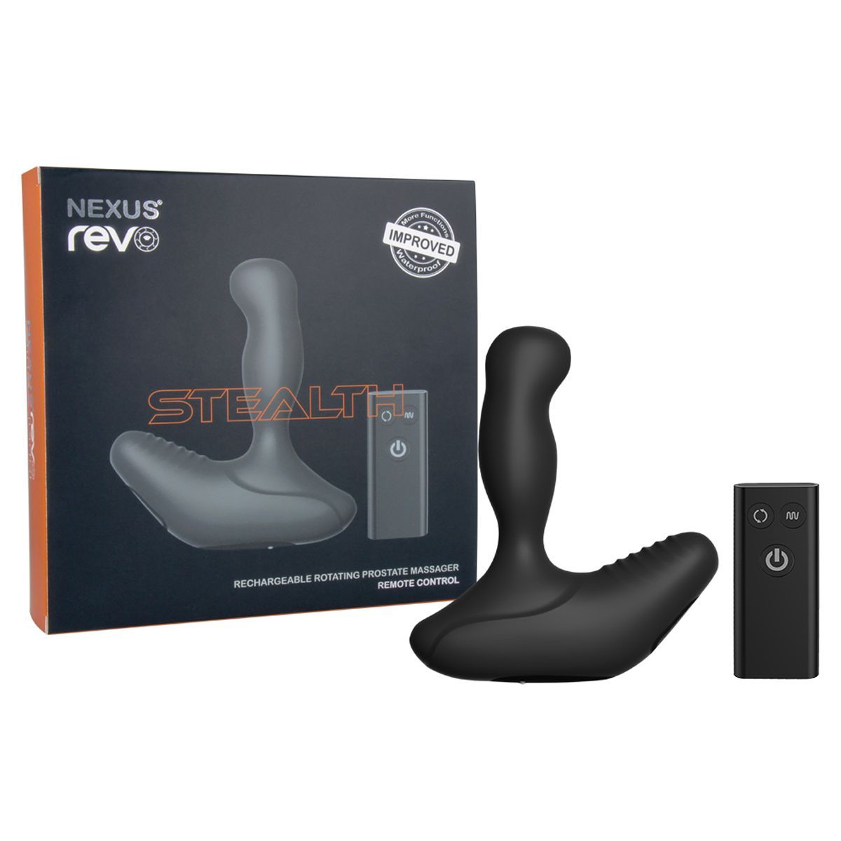 Emballage avec produit de bien-être et télécommande. Inscription : Nexus Revo Stealth. Texte : Rechargeable Rotating Prostate Massager.