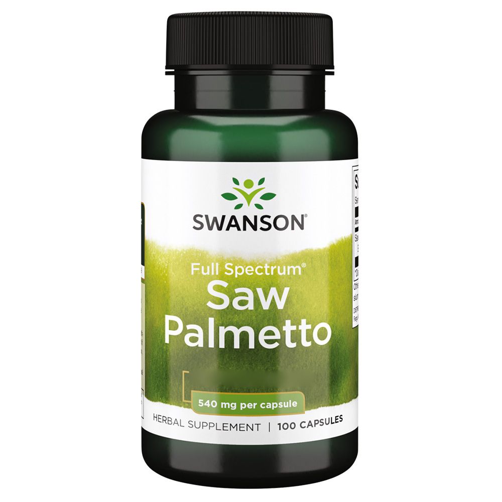 Bouteille verte de gélules Saw Palmetto, 540 mg par gélule, 100 gélules.