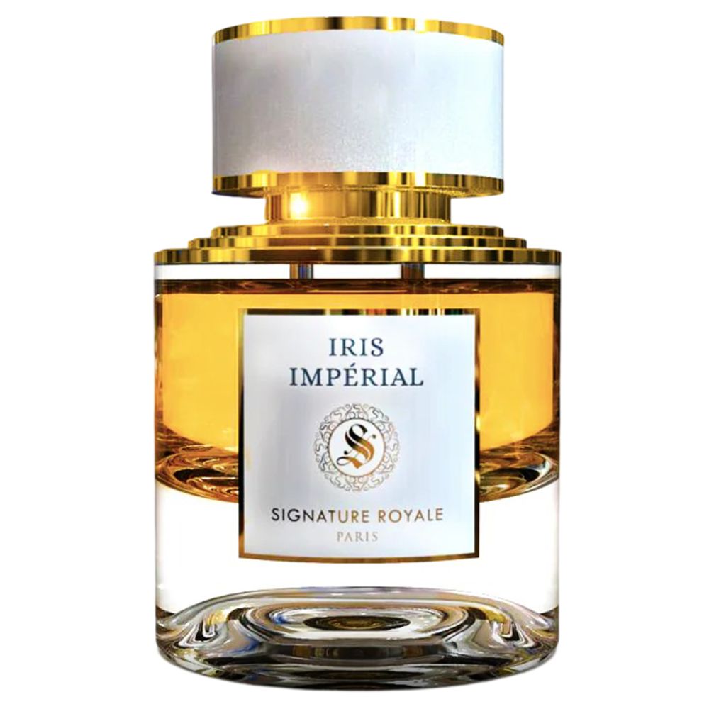 Parfumfles met gouden dop en witte deksel. Label met tekst: Iris Impérial, Signature Royale Paris.