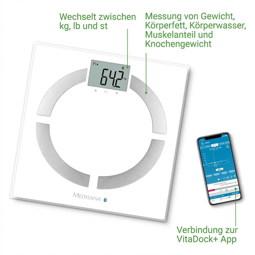 Witte lichaamsanalyseweegschaal met LCD-display, smartphone-app-verbinding en meetweergave.