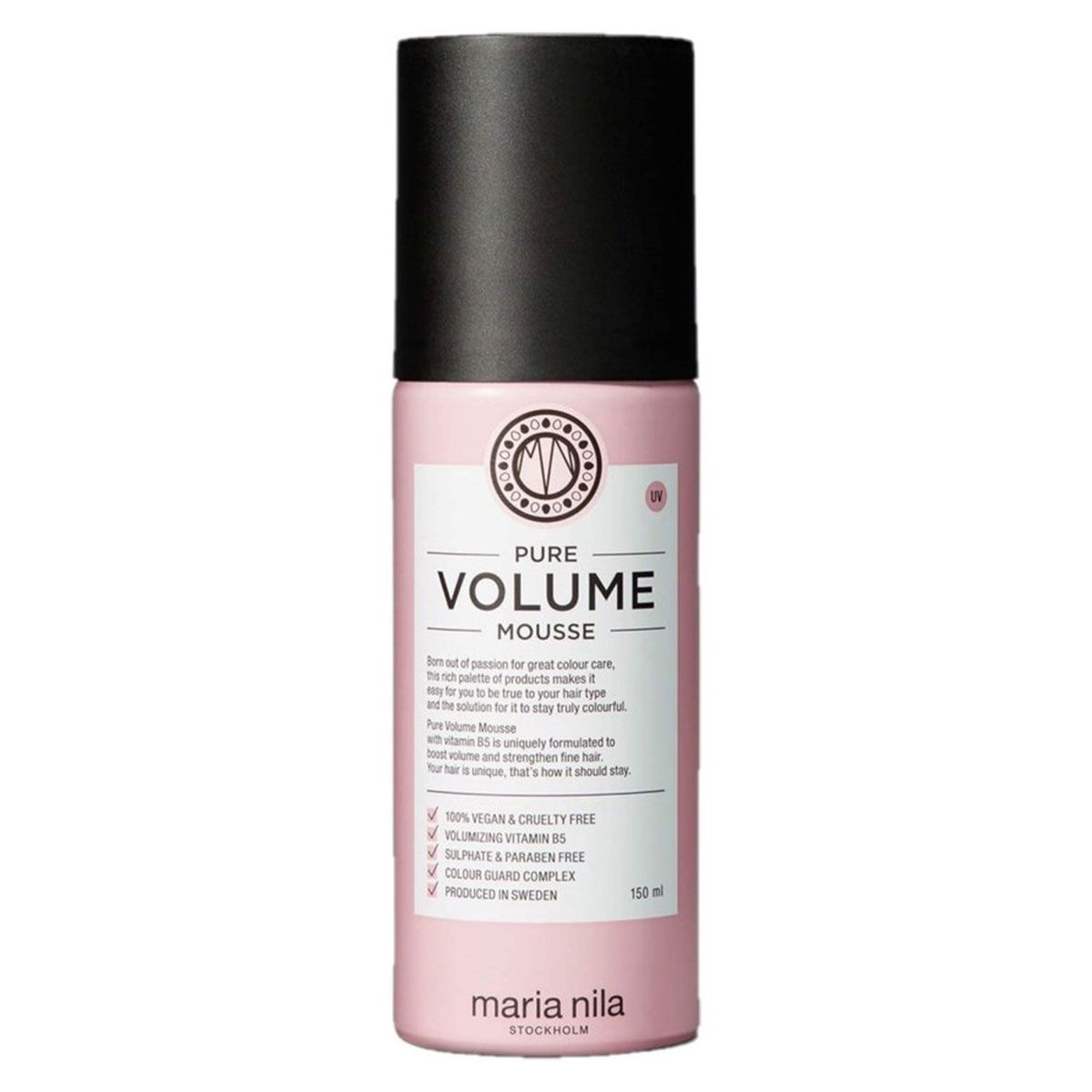 Bouteille Maria Nila Pure Volume Mousse, 150ml. Bouteille rose avec bouchon noir et étiquette blanche.
