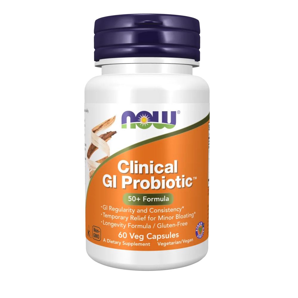 Witte fles met blauwe dop. Oranje label met tekst. Bevat 60 Veg Capsules. Productnaam: Clinical GI Probiotic.