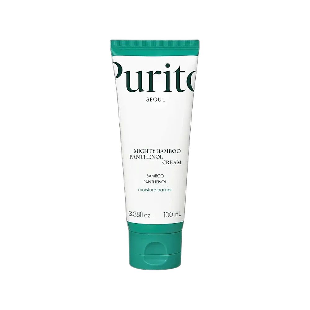 PURITO Mighty Bamboo Panthenol Cream tube. Groen-witte verpakking, productnaam en tekst zichtbaar. 100 ml.