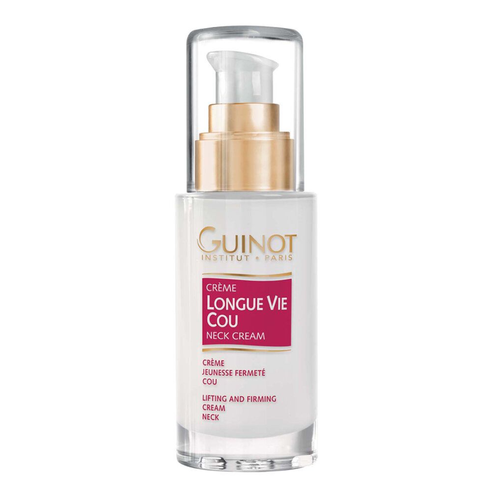 Guinot Longue Vie Cou. Flacon blanc avec pompe, bague dorée, capuchon transparent. Étiquette rouge avec texte.